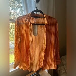 Zara Orange Patterned Blouse with Gold Button Detail Size S NWT